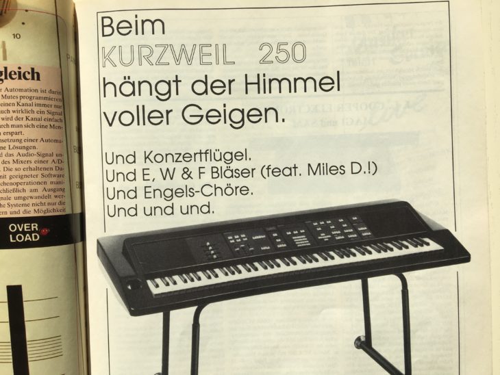 Als der Synthesizer von Gestern-Artikel zum Minimoog erschien, fand sich im Heft diese aufschlussreiche Werbung zum Kurzweil 250. Realistische Streicher- und Flügelklänge elektrisierten damals mehr als analoge Synthesizer.