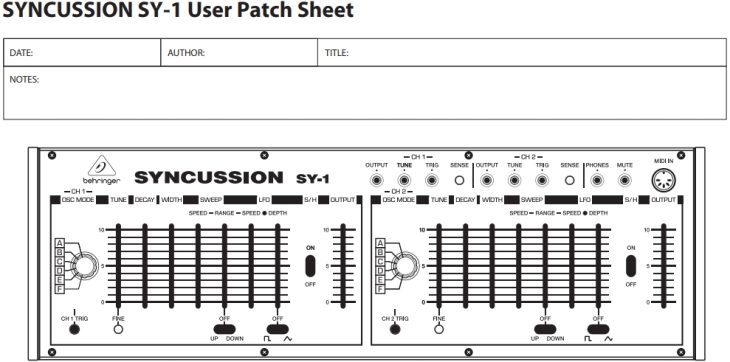 Behringer Syncussion Herstellerbild aus der Anleitung User Patch Sheet