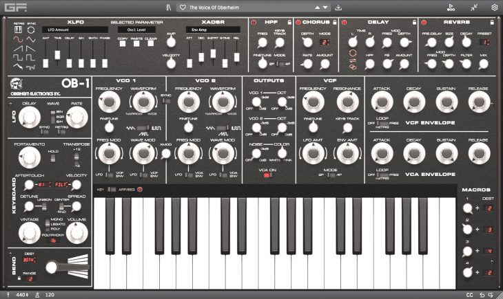 GForce Software Oberheim OB-1 Ansicht mit Tastatur unten