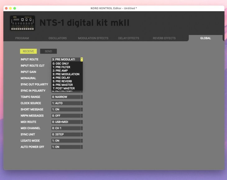 Korg NTS-1 mkII Kontroll-App Global-Panel